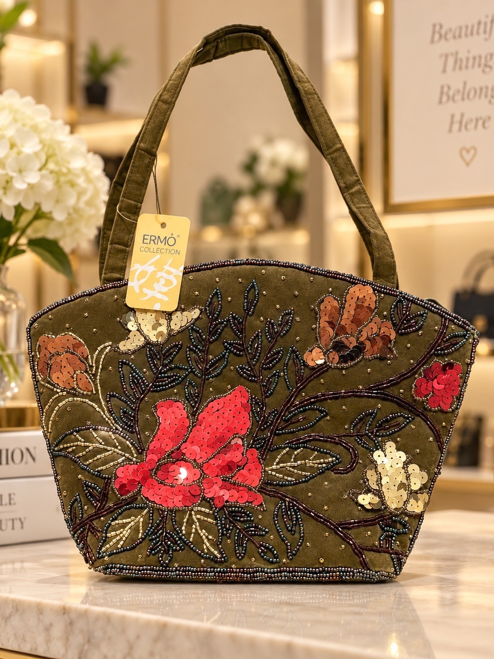 ERMO Collection Evening Velvet Floral Beaded Handbag Zipper Olive Green